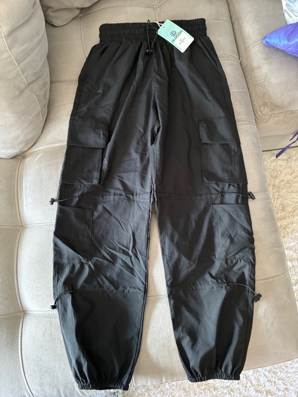 Dlooda polyester Black Cargo Jogger Pants with Drawstring Ankles